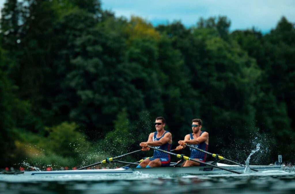 Serbian rowers Martin Mačković and Nikolaj Pimenov competing in a double scull race while supporting the Novak Djokovic Foundation’s Path of a Champion program.
